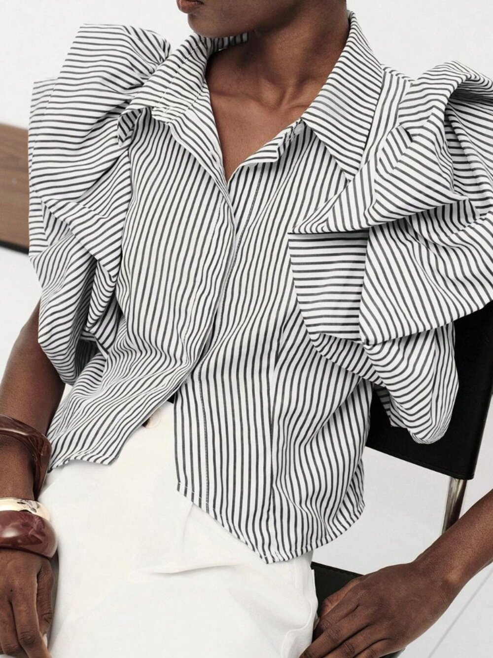 Grey Casual Women's Rock Exaggerated Petal Puff Sleeve Shirt
